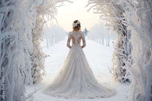 Fotobehang elegant bride before wedding arch in winter