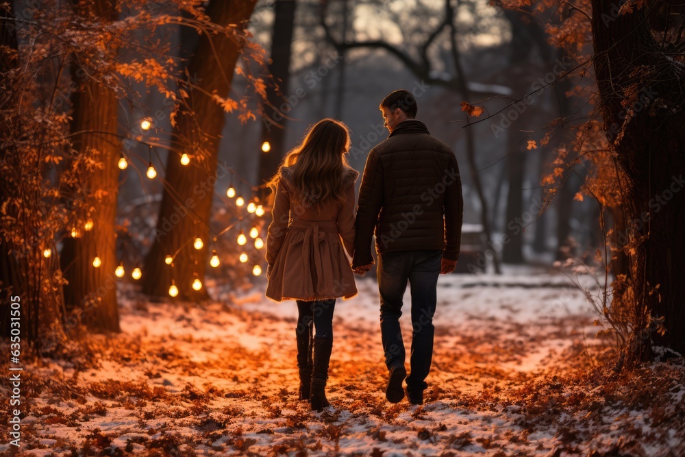 Couple walking hand in hand through a snowy park - stock photography concepts Couple walking hand in hand through a snowy park - stock photography concepts