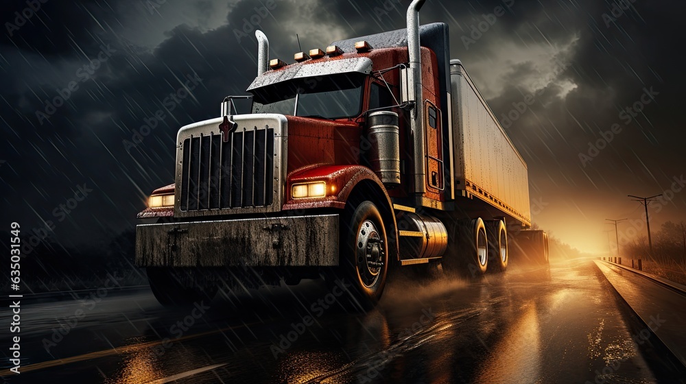 Truck on wet road in heavy rain under cloudy sky Truck on wet road in heavy rain under cloudy sky