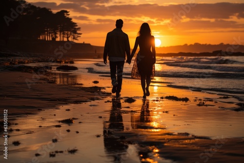 Couple walking hand in hand along a beach at sunrise - stock photography concepts