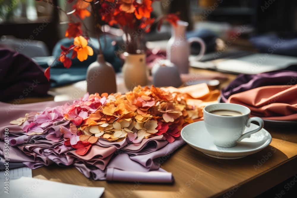 Designers table adorned with fabric swatches - stock photography concepts