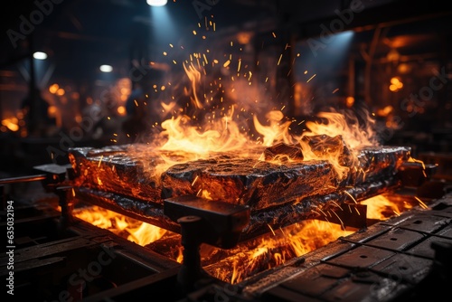 Vászonkép Fiery sparks flying as a blacksmith hammers red-hot metal - stock photography co