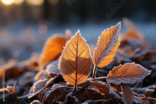 Frosty leaves on a winter morning - stock photography concepts