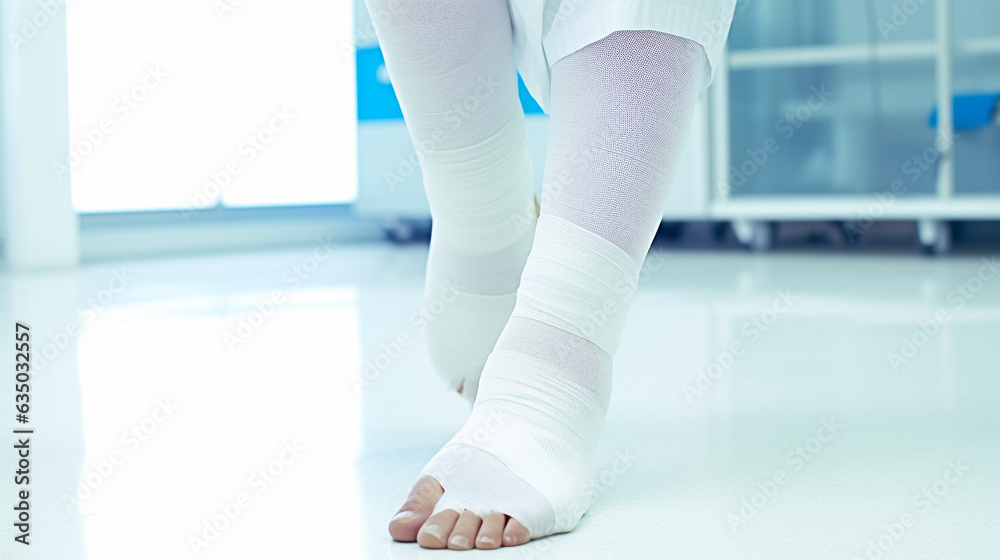 Generative AI, broken leg in plaster, white bandages, limb fracture