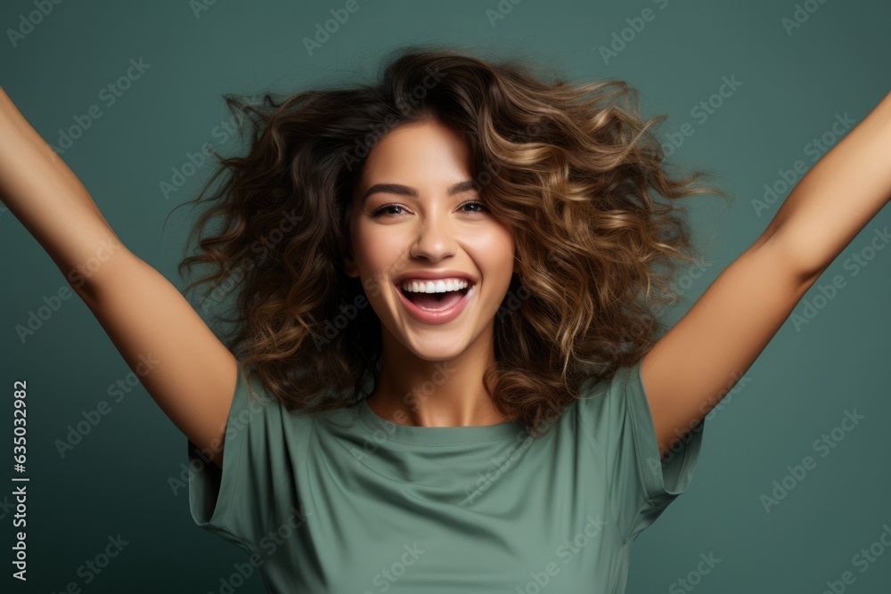 Joyful hands in the air gesture of model - stock photography concepts