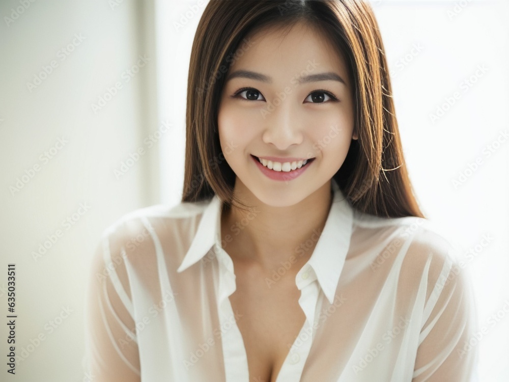 Cheerful Asian/Japanese lady with long hair, white office wear, in front of a plain white studio, softly lit. Suitable for diverse projects. generative AI. Cheerful Asian/Japanese lady with long hair, white office wear, in front of a plain white studio, softly lit. Suitable for diverse projects. generative AI.