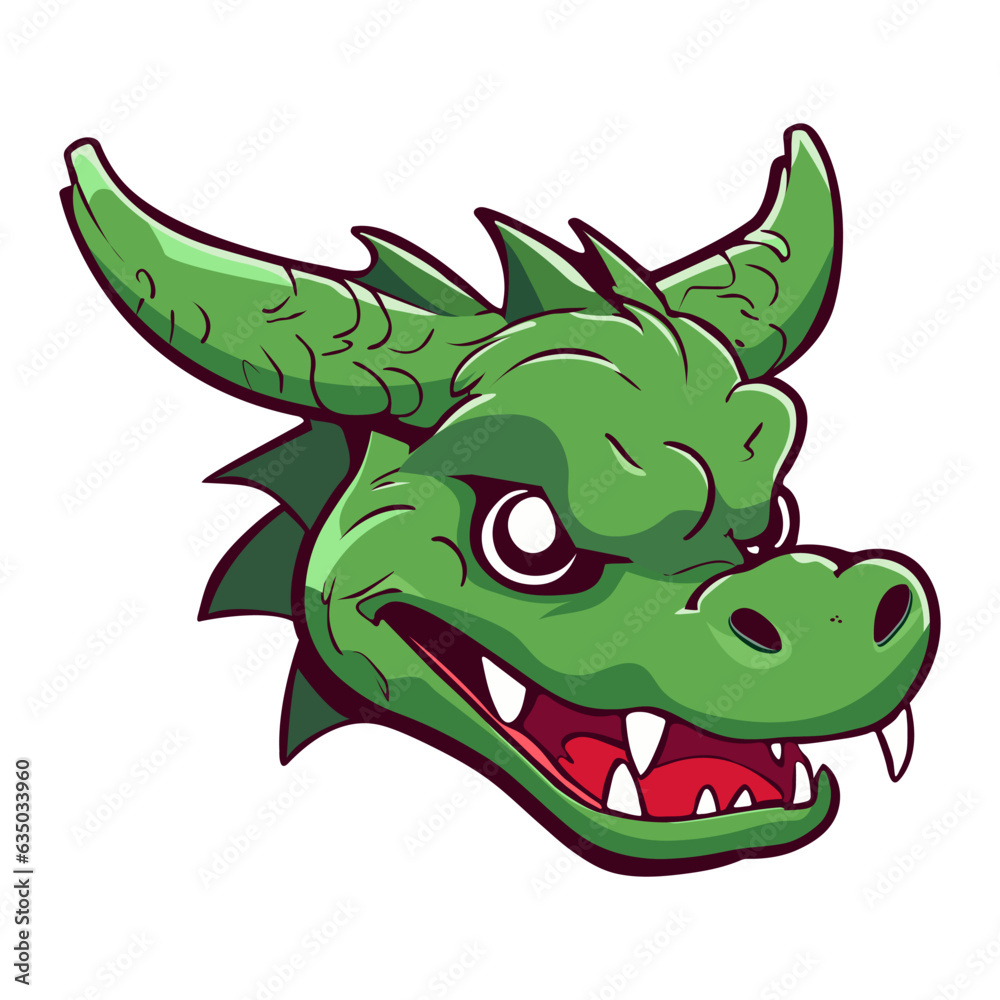 Obraz premium Vector illustration of head of Traditional Asian dragon isolated on white background. Cartoon style mascot. Chinese New Year 2024 zodiac sign. Wooden Azure dragon. For greeting card, poster, banner 