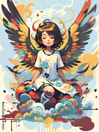 Angel girl with wings sits on a cloud  Generative AI