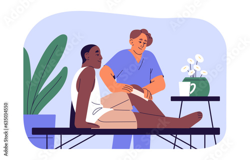 Doctor treatment patient with trauma, hurt, injure. Nurse dressing wound on couch, care health of people in hospital. Medical examinations, checkup, therapy. Flat isolated vector illustration on white