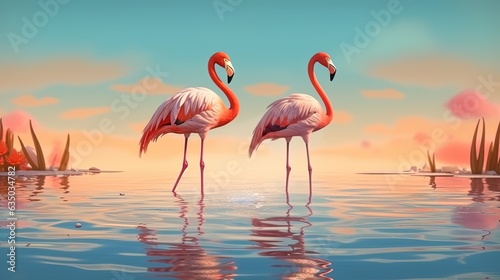 Exotic flamingos wading in shallow water . Fantasy concept   Illustration painting.