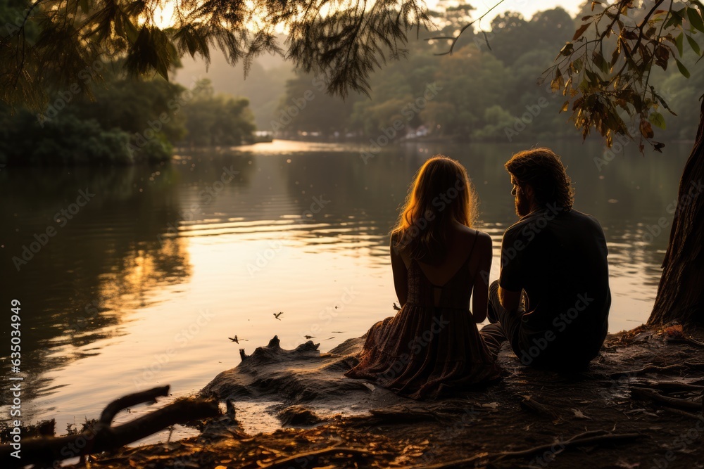 Lovers sharing a quiet moment by a serene lake - stock photography concepts