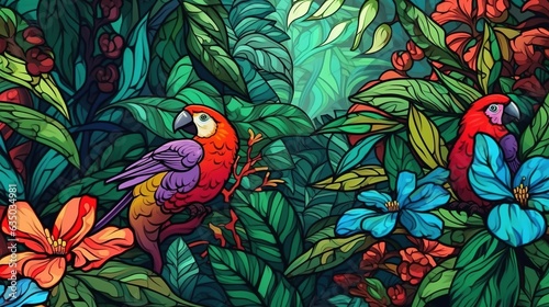 Exotic birds in a rainforest . Fantasy concept , Illustration painting.