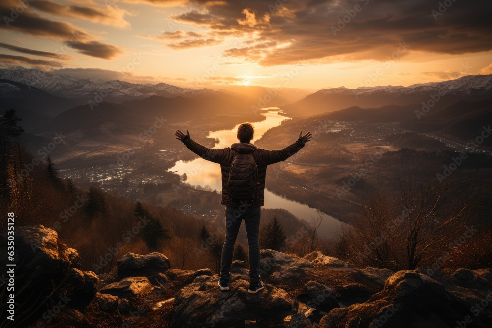 Man standing on a mountaintop arms outstretched - stock photography concepts