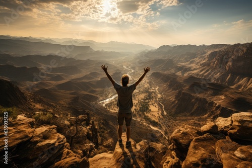 Man standing on a mountaintop arms outstretched - stock photography concepts © 4kclips