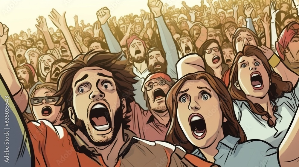 Enthusiastic fans cheering at a sports event . Fantasy concept , Illustration painting.