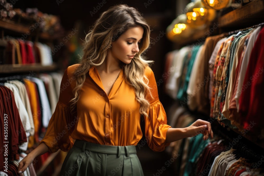 Person browsing a rack of vintage fashion treasures - stock photography concepts