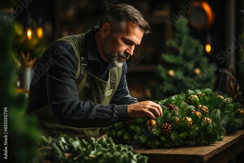 Person assembling a wreath from fresh pine branches - stock photography concepts