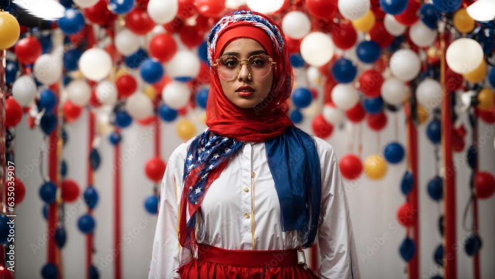 A woman wearing a vibrant red, white, and blue hijab