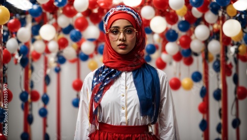 A woman wearing a vibrant red, white, and blue hijab