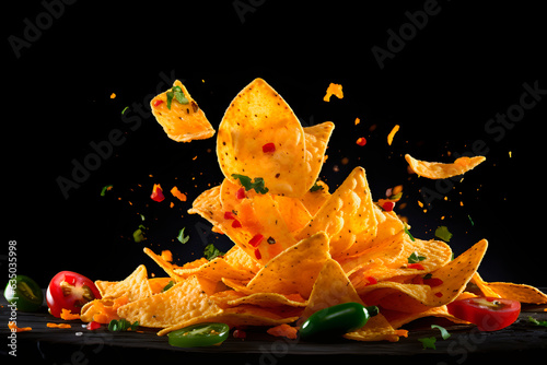 Corn Mexican nachos isolated on black background.