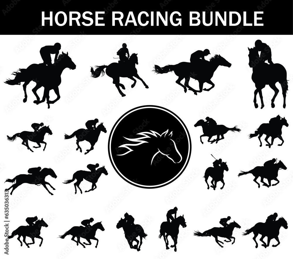 Fototapeta premium Horse Racing Silhouette Bundle | Collection of Horse Racing Players with Logo 