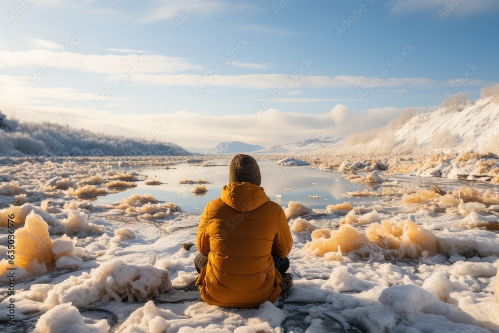 Person sitting by a frozen lake lost in thought - stock photography concepts Person sitting by a frozen lake lost in thought - stock photography concepts