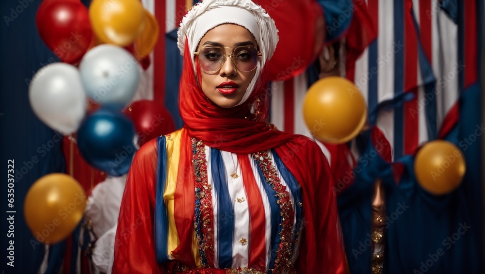 A woman wearing a hijab in a patriotic red, white, and blue outfit