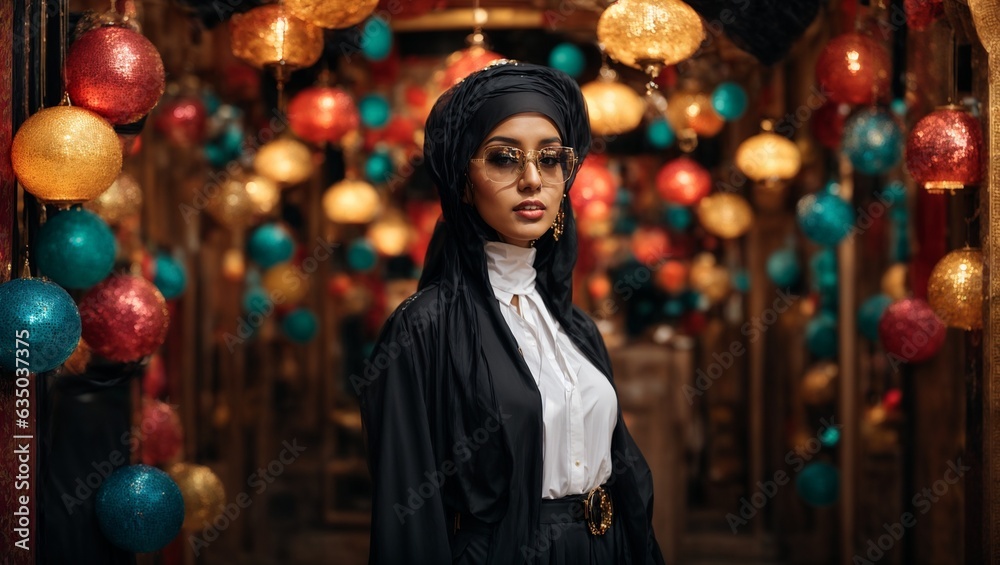 A woman in a hijab admiring a festive display of Christmas ornaments