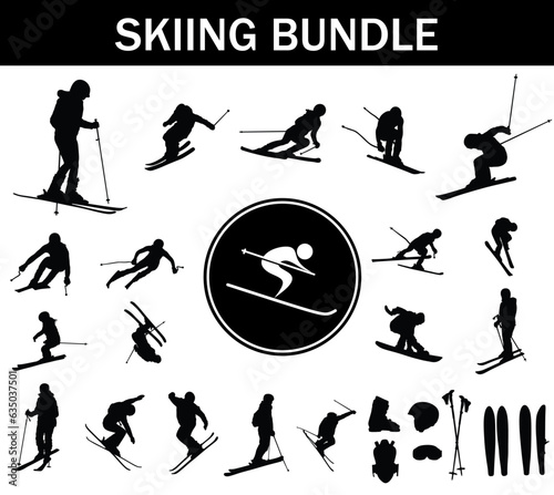 Skiing Silhouette Bundle | Collection of Skiing Players with Logo and Skiing Equipment
