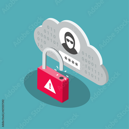 Cloud account hijacking symbol with an unlocked padlock and a stolen user account. Flat design, easy to use for your website or presentation.