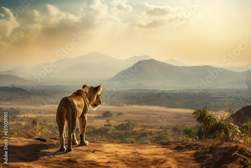 stunning  regal lion striding through a grassy plain 