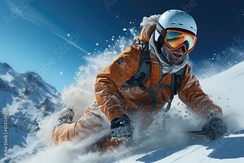 Person skiing or snowboarding down a pristine mountain - stock photography concepts