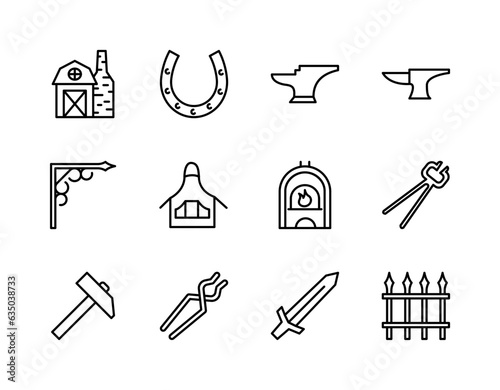Blacksmith flat line icons set. Metal work sign - anvil, forge hammer, horseshoe, chain, forging furnace. Simple flat vector illustration for store, web site or mobile app