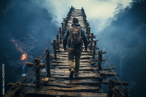 Businessman pushing a long beam, creating an improvised bridge to cross the abyss obstacle overcome and success concept Generative AI