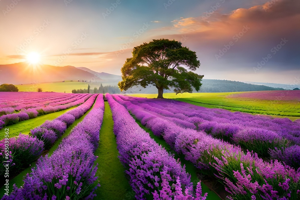 Fototapeta premium lavender field at sunset generated ai