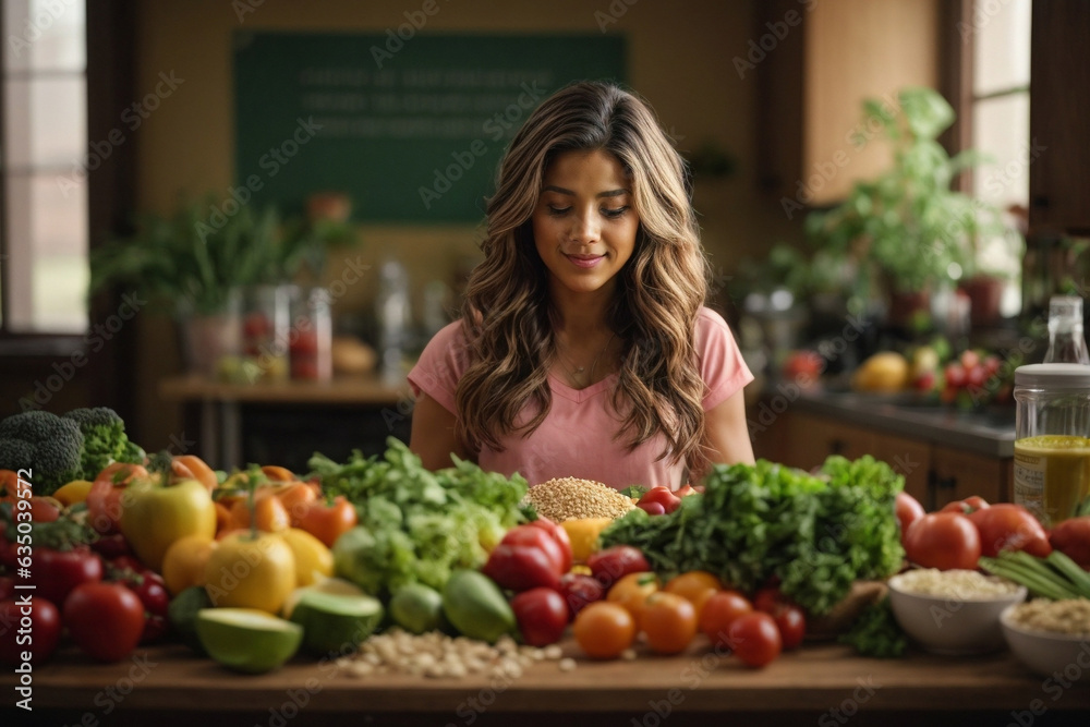 Woman by vegetable-filled table—fresh, wholesome abundance. Woman by vegetable-filled table—fresh, wholesome abundance.
