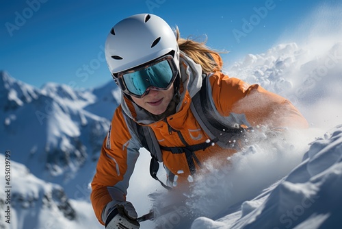 Skiers descending a pristine slope - stock photography concepts