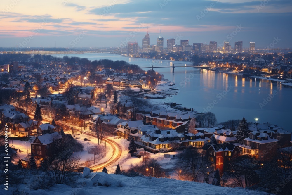 Snow-covered cityscape at twilight - stock photography concepts