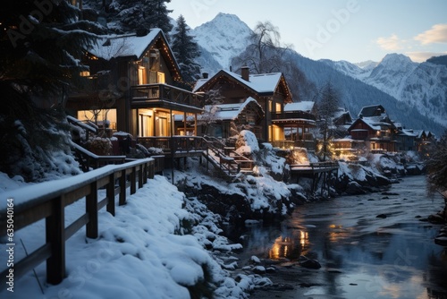 Snow-covered village with holiday lights - stock photography concepts