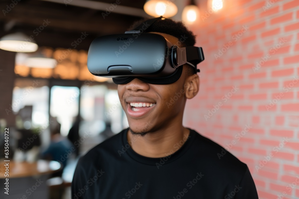 Smiling african american man happy guy student user computer technology male VR headset virtual reality goggles exploration metaverse modern tech future progress playing cyber game experience gaming 