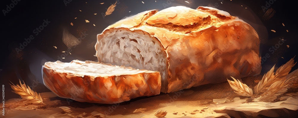 Fresh fragrant crusty bread on a wooden table with a dark background. Generative AI. - obrazy, fototapety, plakaty 