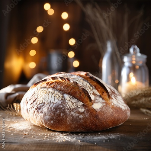 Fresh fragrant crusty bread on a wooden table with a dark background. Generative AI.