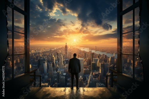 Skyline salute Businessman cheers on stair near keyhole door, city sunrise view Generative AI