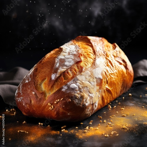 Fresh fragrant crusty bread on a wooden table with a dark background. Generative AI.