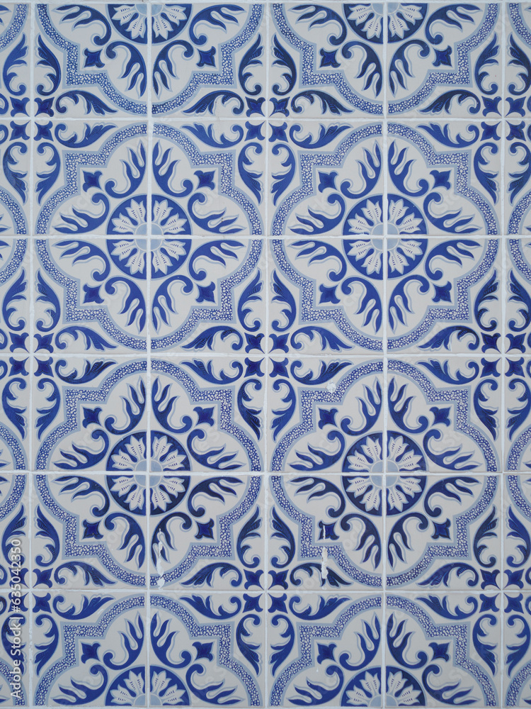 Blue and white tile work, called azulejos. In Aveiro, Portugal