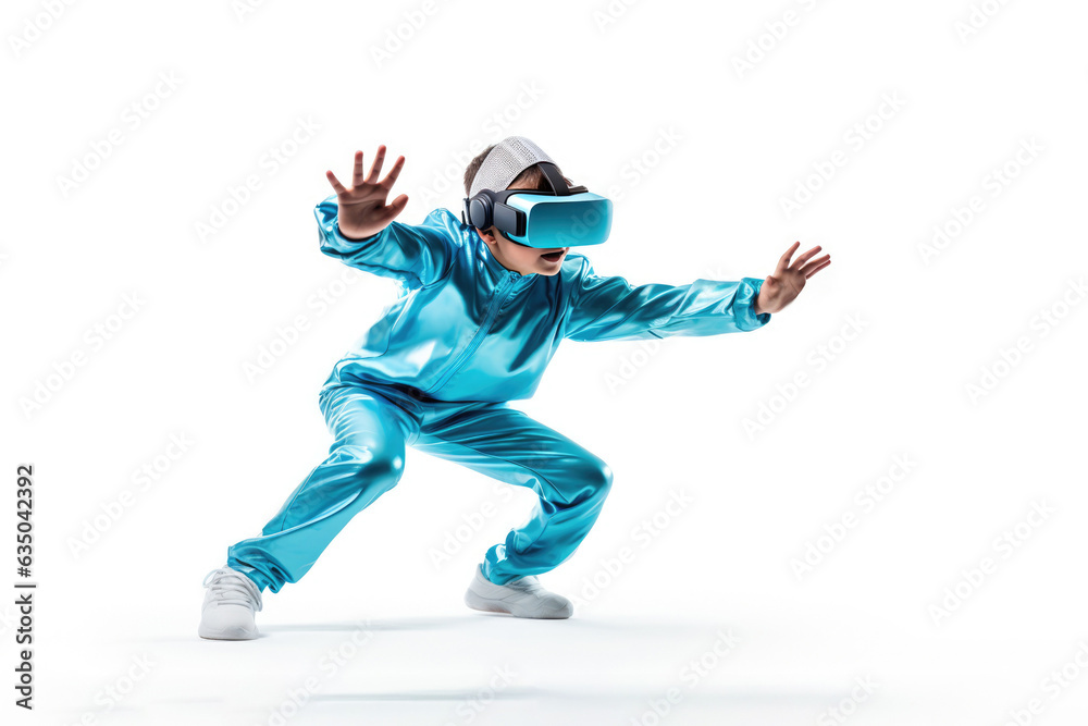 Child Dancing In Vr Goggles On White Background. Vr Dancing, Child Dancing, White Background, Goggles, Futuristic, Fun Activities, Technology, Exercising Child Dancing In Vr Goggles On White Background. Vr Dancing, Child Dancing, White Background, Goggles, Futuristic, Fun Activities, Technology, Exercising