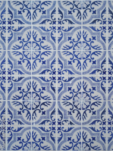Blue and white tile work, called azulejos. In Aveiro, Portugal