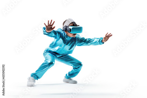 Child Dancing In Vr Goggles On White Background. Vr Dancing, Child Dancing, White Background, Goggles, Futuristic, Fun Activities, Technology, Exercising