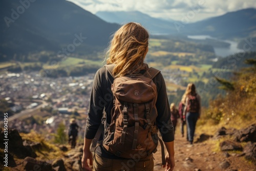 Woman hiking up a steep hill - stock photography concepts