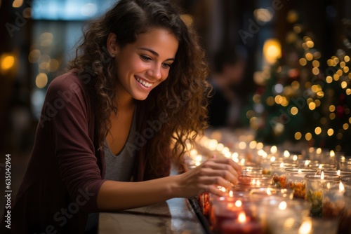 Woman lighting a row of candles on an advent wreath - stock photography concepts